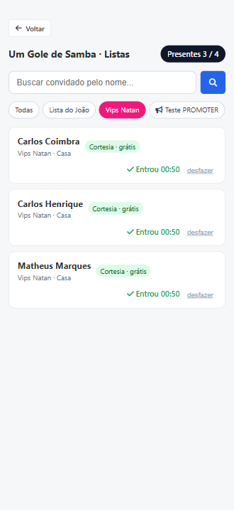 Portaria buscando convidado nas listas, com botão Deu entrada e contador de presentes